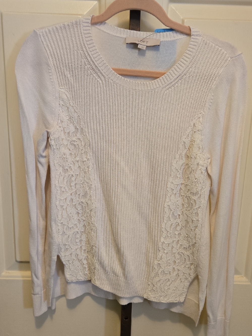 ANN TAYLOR LOFT Cream Lace-Panel Ribbed Knit Sweater